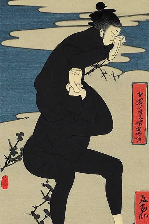 Prompt: Ukiyo-e art of squatting man in black Adidas tracksuit, birch trees