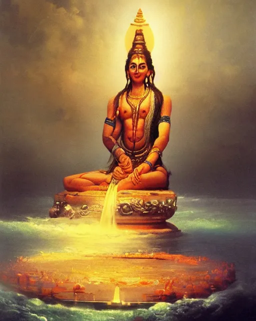 Prompt: One many-armed Shiva sits. In the background gasoline on the water. High detail, hyperrealism, masterpiece, close-up, ceremonial portrait, solo, rich deep colors, realistic, art by Yoshitaka Amano, Ivan Aivazovsky