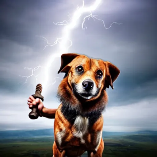 Prompt: a canine thor holding his hammer, dramatic lightning background