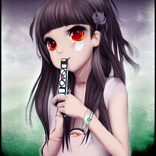 Image similar to portrait of a cute beautiful girl holding a balisong, anime digital art, creepy