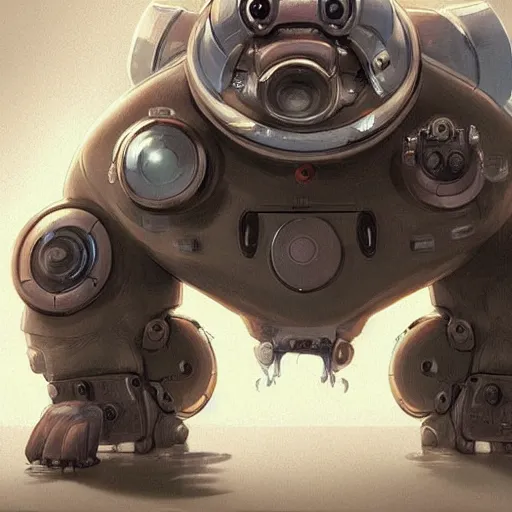 Prompt: a mechanical robot with camera lens eyes in the shape of a cute fat obese animal person bot with a round belly and digital distortion around it, intricate, highly detailed, artstation, concept art, smooth, sharp focus, art by artgerm and greg rutkowski