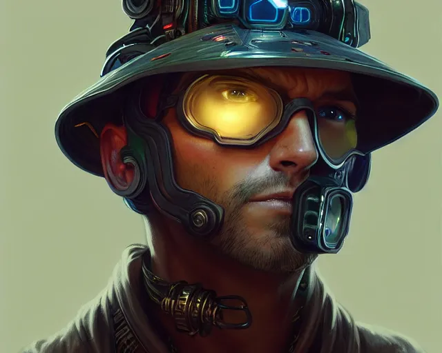 Image similar to man wearing a cyberpunk hat, deep focus, d & d, fantasy, intricate, elegant, highly detailed, digital painting, artstation, concept art, matte, sharp focus, illustration, hearthstone, art by artgerm and greg rutkowski and alphonse mucha