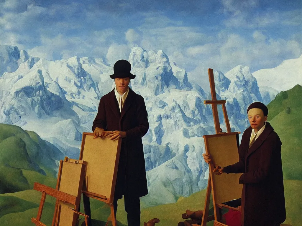 Prompt: portrait of a young expressionist painter at his easel, canvas. landscape with icy mountains far away. painting by jan van eyck, rene magritte, agnes pelton