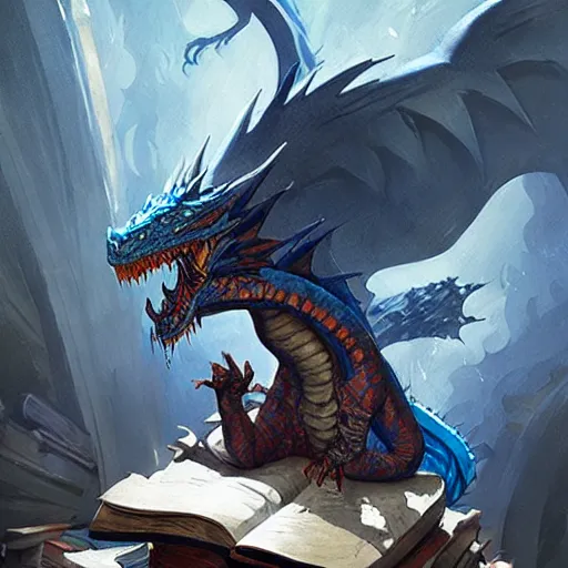 Image similar to blue dragon sitting on a hoard of books, fantasy, dnd, art by greg rutkowski