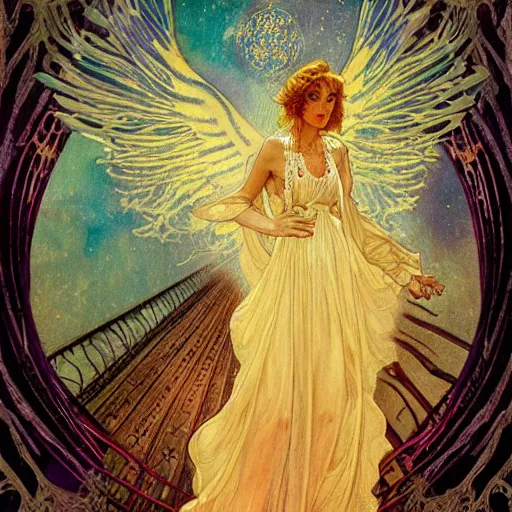 Prompt: painterly glowing ember ethereal angel god cloaked in silk and wax, tarot card filigree art nouveau, prosperity, bountiful harvest, intricate details, shafts of light, Sergio Toppi, Leyendecker, Akihiko Yoshida, James Jean, Alphonse Mucha, Thomas Kinkade, Ruan Jia, Jean Giraud