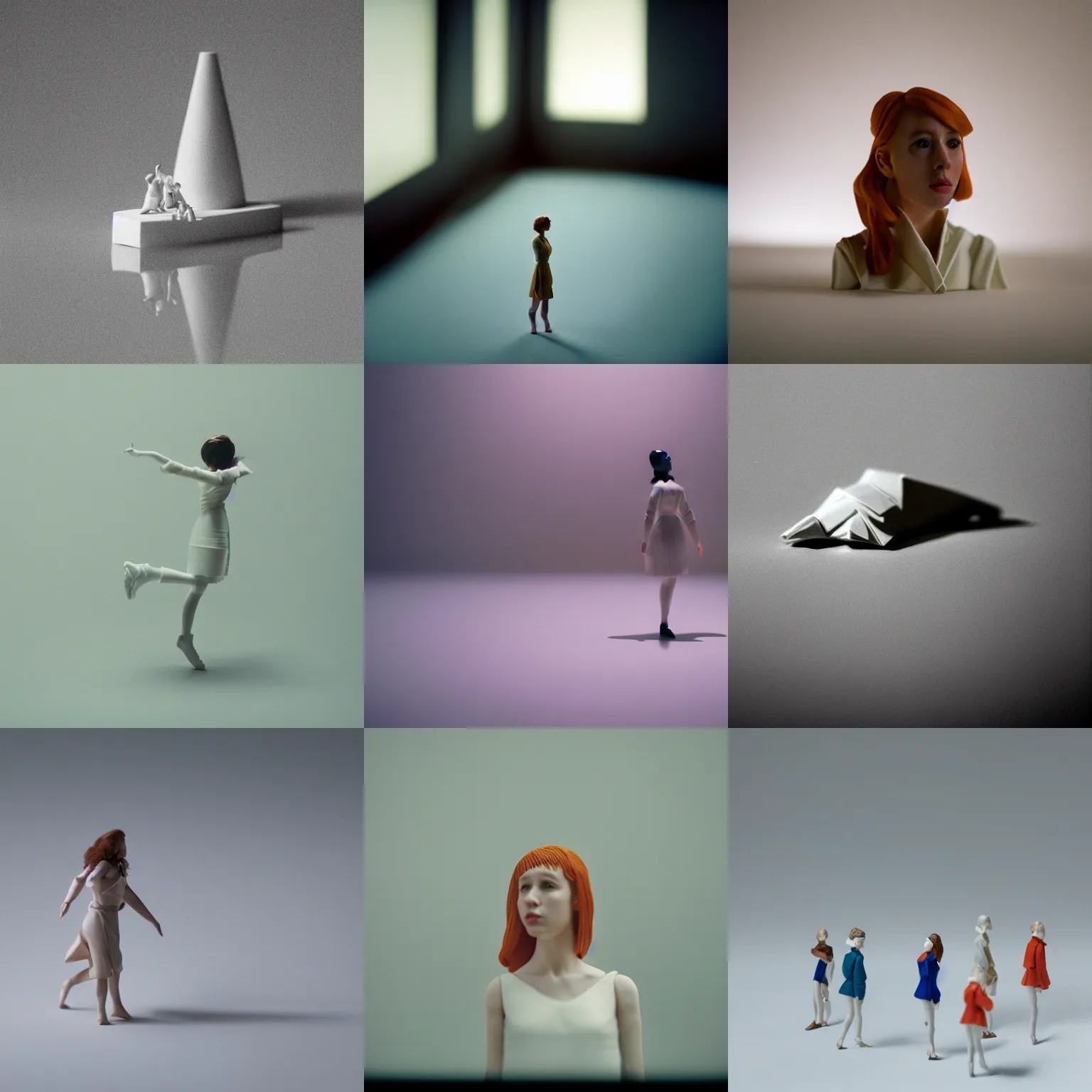 Prompt: beautiful three point perspective film still of holly herndon character study in merce cunningham, extreme closeup portrait in style of frontiers in miniature porcelain photography fashion architectural art studio edition, miniature origami figurine, tilt shift background, soft lighting, kodak portra 4 0 0, 8 k, macro, cinematic style by emmanuel lubezki