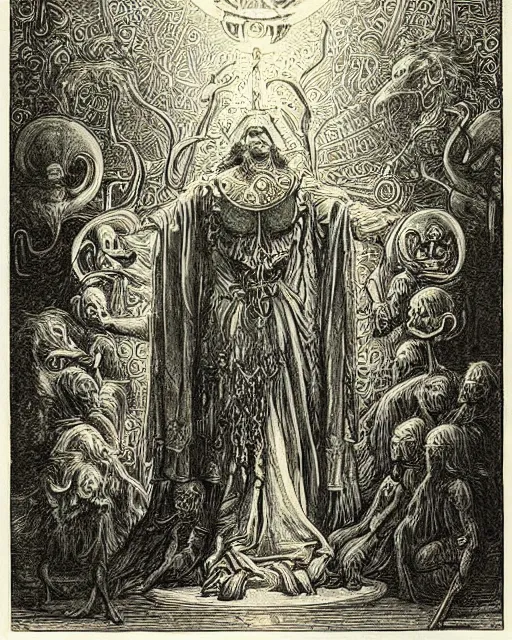 Prompt: a print of the magician thoth tarot card by gustave dore