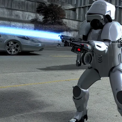 Image similar to movie photograph of an old man who is a veteran of many futuristic wars with short gray hair and blue eyes. he is wearing a light gray futuristic suit of heavy combat armor and holding a blaster in one hand and a plaster plasma - proof shield in the other. riding a white armored motorcycle charging into enemy lines while firing plasma bolts. futuristic battle.