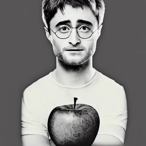 Image similar to a apple with legs with the face of daniel radcliffe, photo art