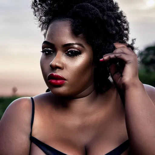 Image similar to portrait face of a curvy beautiful gorgeous black edgy model girl, bikini, big lips, she's mad, sunset, street of africa at night, 8 0 mm lens, 1. 2 aperture, grainy image, close up, cinematic light, 8 k, 4 k, very detailed, depressing atmosphere, cover magazine