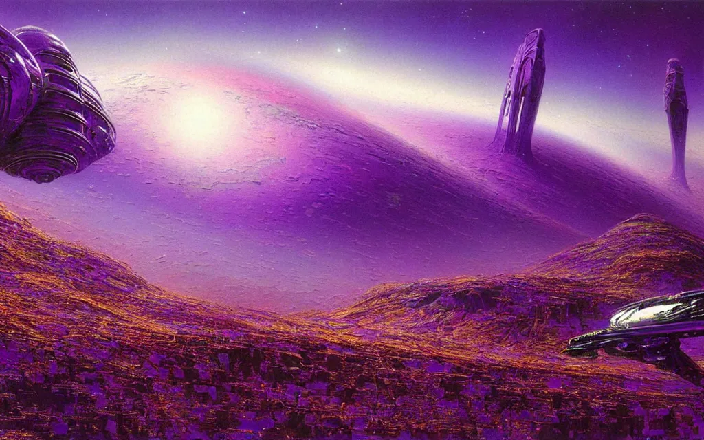 Prompt: a futurist cybernetic purple wilderness, future perfect, award winning digital art by alan bean and bruce pennington