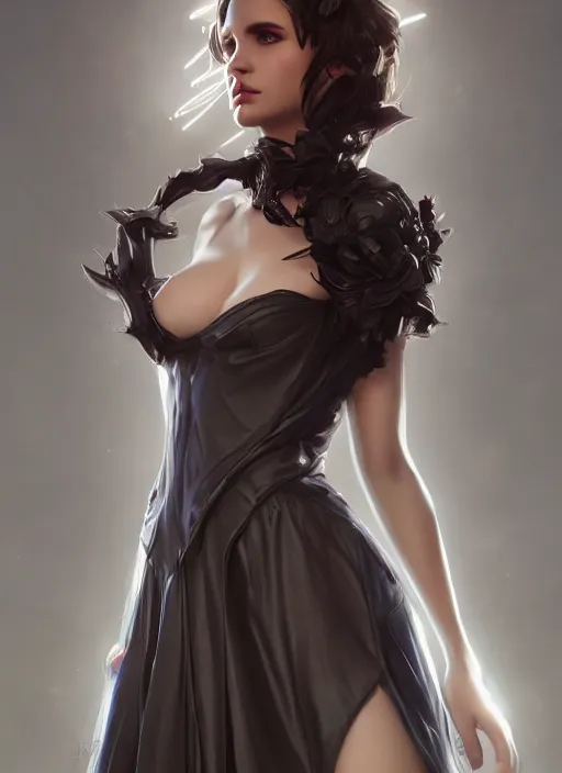 Image similar to beautiful fashion goddness, strapless dress, character portrait in the style of thomas river and artgerm, wlop, cinematic lighting, hyperdetailed, 8 k realistic, symmetrical, global illumination, radiant light, halo, love and mercy, frostbite 3 engine, cryengine, dof, trending on artstation, digital art, chanel