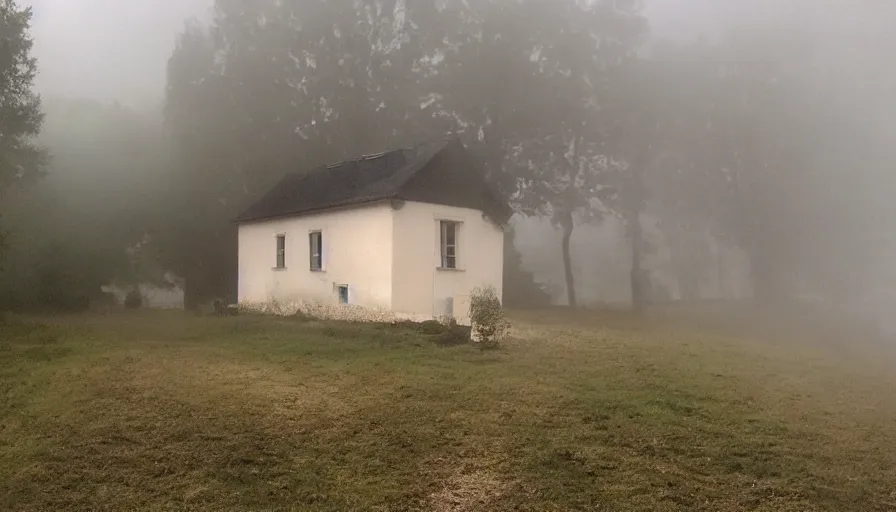 Image similar to mini dv camera footage of a heavy burning french style little house, heavy rain, foggy, in a small northern french village, heavy grain, very low quality, high detail, dramatic light