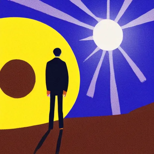 Image similar to a fearful man standing with the world in his pockets and the sun above his head