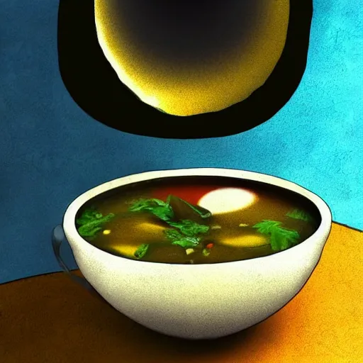 Image similar to a bowl of soup that has a portal to another world in it, digital art