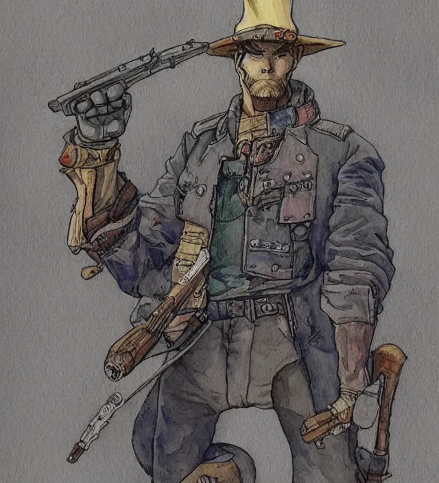 Image similar to a watercolor ink painting of an anthropomorphic bunny mercenary / gunslinger posing with their revolver in the style of jean giraud in the style of moebius trending on artstation deviantart pinterest detailed realistic hd 8 k high resolution