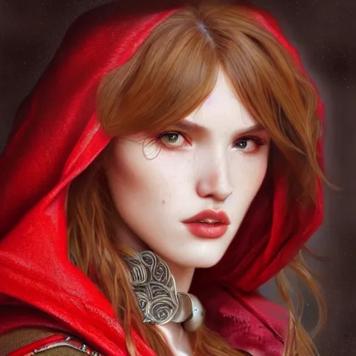 Image similar to ultra realistic illustration, bella thorne as little red riding hood, intricate, elegant, highly detailed, digital painting, artstation, concept art, smooth, sharp focus, illustration, art by artgerm and greg rutkowski and alphonse mucha