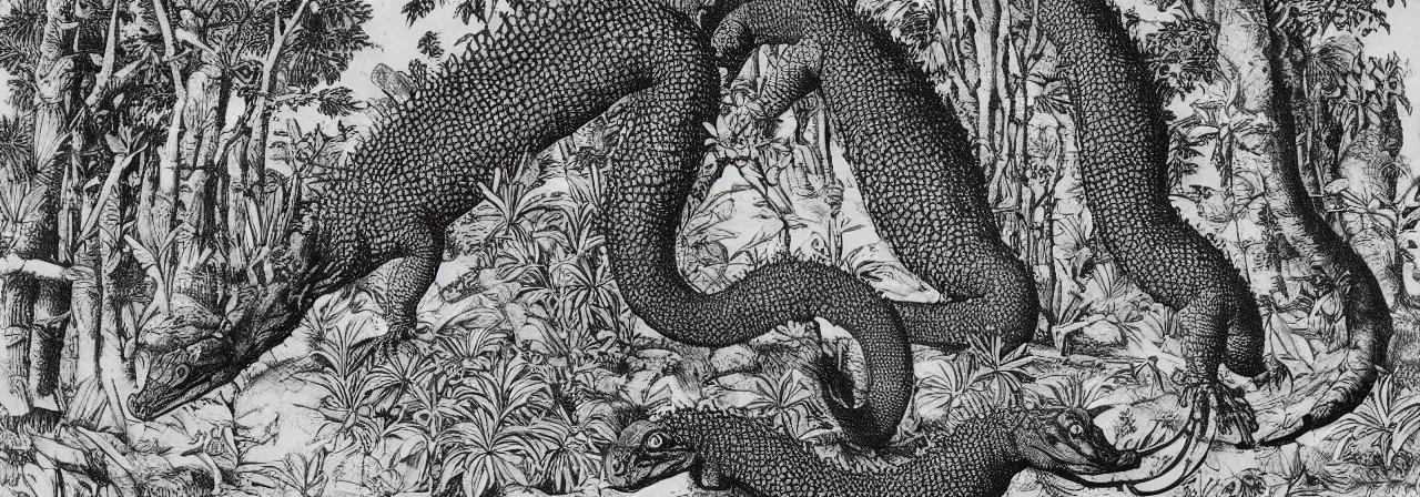 Prompt: Elaborate wallpaper print of A Komodo Dragon and a Giant spotted egg in the clearing of a sacred grove in the style of Albrecht Durer and Martin Schongauer, high contrast finely carved woodcut black and white crisp edges