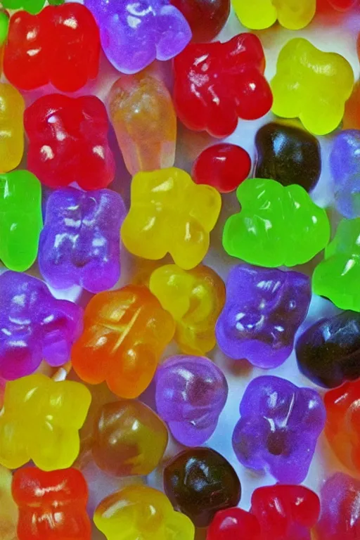 Image similar to super close up of still life of a bouquet of soft gummy bears and jelly beans in the shape of different flowers, delicious rubbery translucent squishy sweets, soft light, highly detailed, close up, northern renaissance