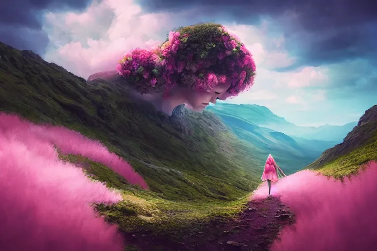 Prompt: giant dahlia flower crown head, woman walking on mountain, surreal photography, pink storm clouds, dramatic light, impressionist painting, digital painting, artstation, simon stalenhag