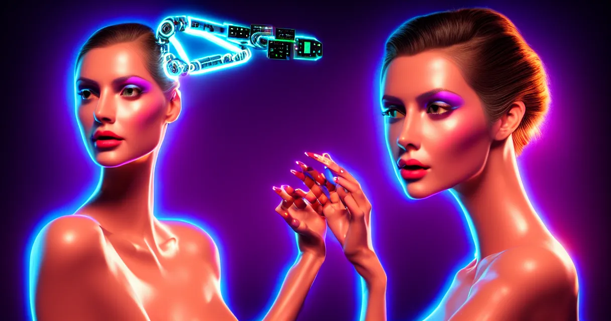 Image similar to beauty woman in holograms, with robotic arms, of alien artifacts, electrical case display, ultrarealistic, dramatic lighting, backlit, three point lighting, cables and wires, electrical details, high details, 4k, 8k, best, accurate, trending on artstation, artstation, photorealism, ultrarealistic, digital painting, style of Caravaggio, Boris Vallejo