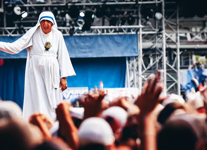 Image similar to photo still of mother teresa on stage at vans warped tour!!!!!!!! at age 5 8 years old 5 8 years of age!!!!!!! throwing roseries to the crowd, 8 k, 8 5 mm f 1. 8, studio lighting, rim light, right side key light