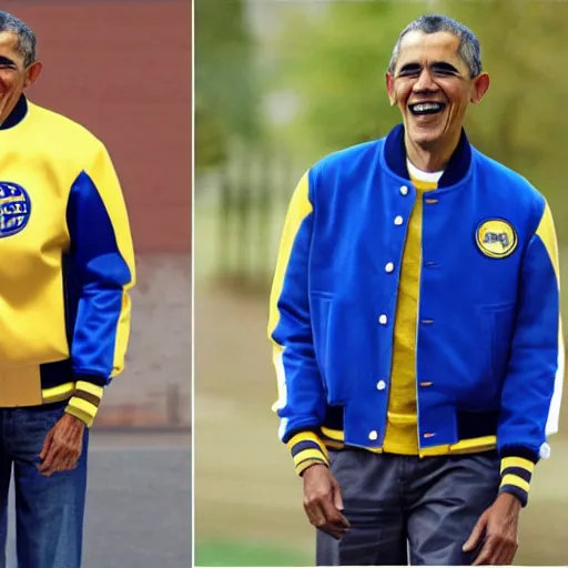 Image similar to realistic photo of casual barack obama wearing a royal blue varsity jacket with yellow sleeves