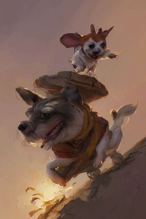 Image similar to adorable jack russel terrier jumping over a small house, extreme wide angle, fantasy art, artstation character design contest winner, trending on cgsociety, concept art, speedpaint, beautiful digital art, jesper ejsing, james jean, justin gerard, fenghua zhong, makoto shinkai, highly detailed
