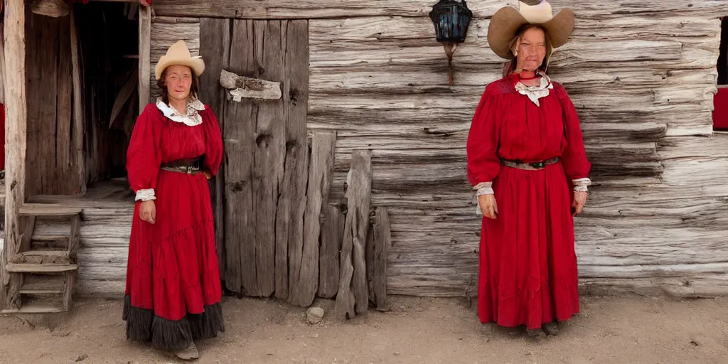 Prompt: beautiful frontier woman-wearing-red in a busy old-west town