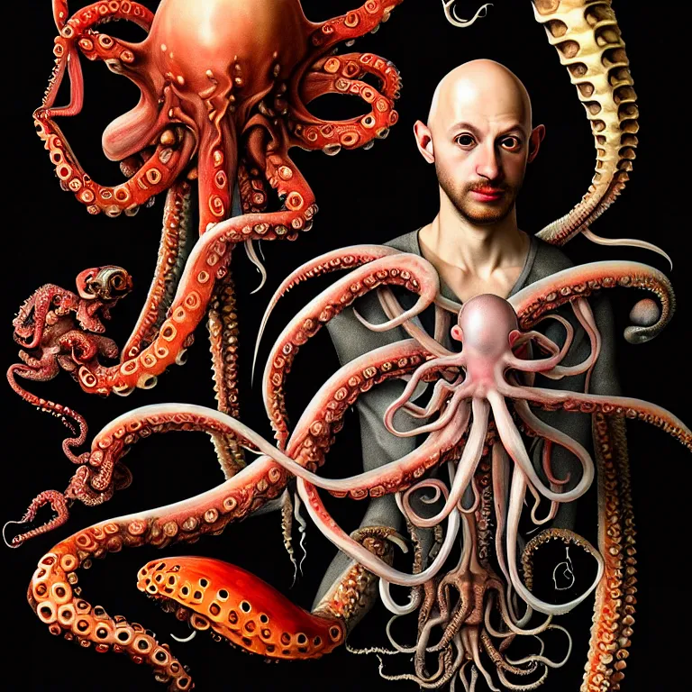 Image similar to young manly bald man wearing exoskeleton, holding a squid, octopus, shell, black background, beautiful baroque portrait painting, psychedelic, trippy, hallucination, dream, beautiful detailed intricate insanely detailed octane render trending on Artstation, 8K artistic photography, photorealistic, chiaroscuro, Raphael, Caravaggio