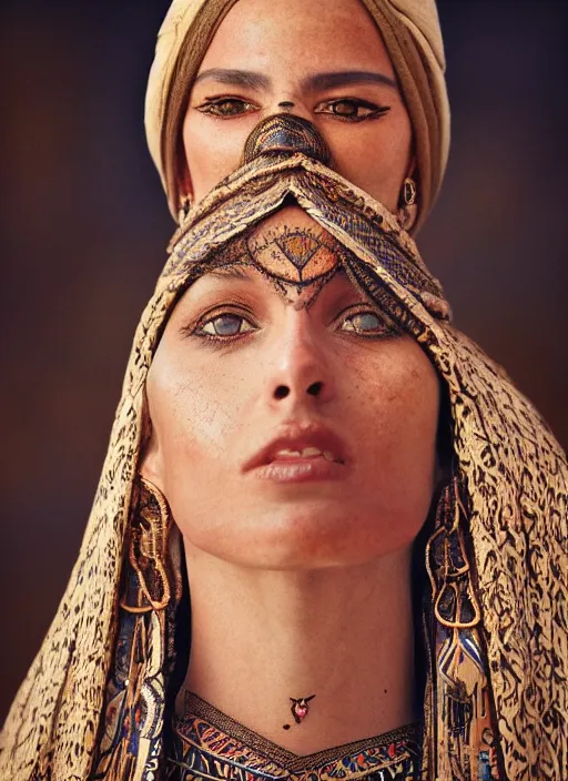 Image similar to portrait of a stunningly beautiful middle eastern tribal female, depth of field, zeiss lens, detailed, symmetrical, centered, fashion photoshoot, by Annie Leibovitz and Steve McCurry, David Lazar, Jimmy Nelsson, Breathtaking, 8k resolution, extremely detailed, beautiful, establishing shot, artistic, hyperrealistic, beautiful face, octane render