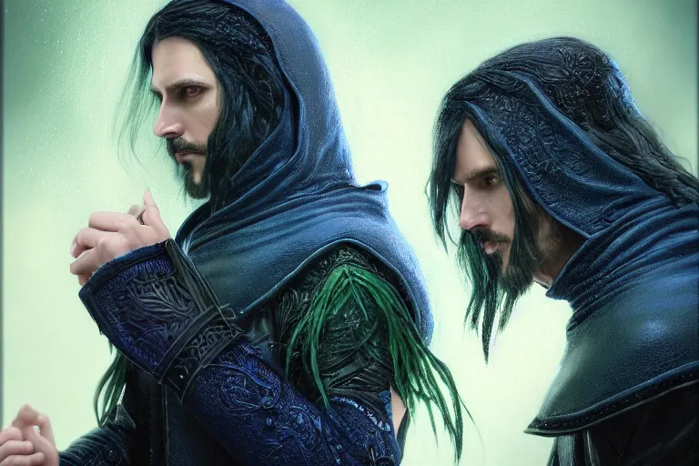 Image similar to ultrarealistic male mage face portrait fighting, long black hair blue eyes wearing leather mantle gothic navy cloak with leather details, green plants, fantasy character portrait, octane render, extreme intricate details, elegant, cinematic lighting, substance painter, artstation, dnd art, cgsociety, sharp focus, beautiful digital painting by artgerm, gerald brom, wlop, alphonse mucha