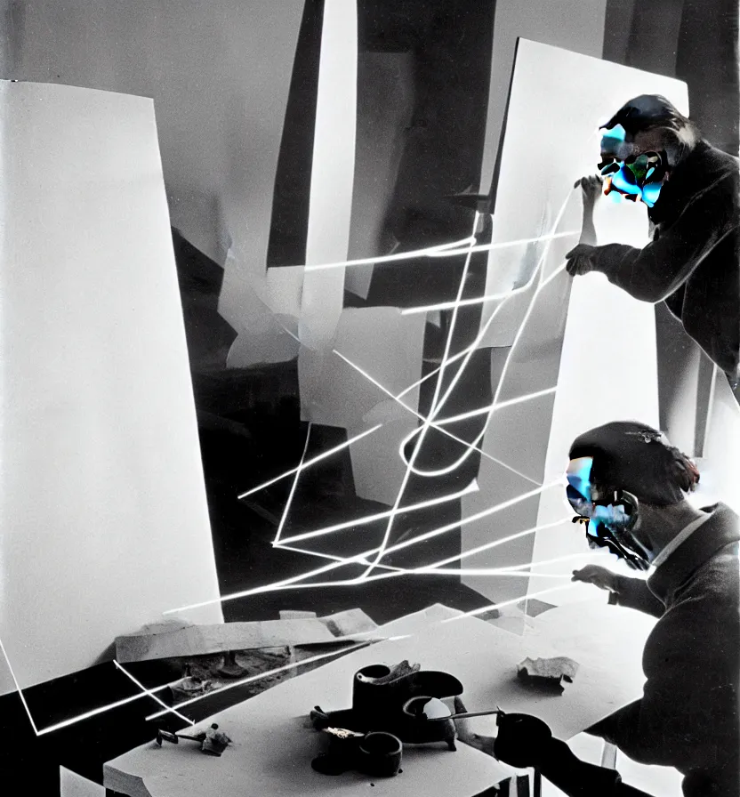 Image similar to a long exposure shot of Marcel Duchamp working on a readymade object, archival pigment print