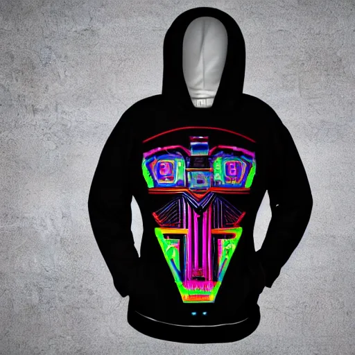 Prompt: mockup of a black hoodie with a claymodel of a cyberpunk aztec futurism robot head, 8 k, symetrical, flourescent colors, halluzinogenic, multicolored, insanely integrate, black background, 3 d render,