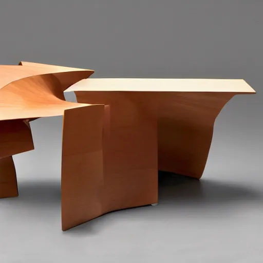 Prompt: futuristic wood table by frank gehry