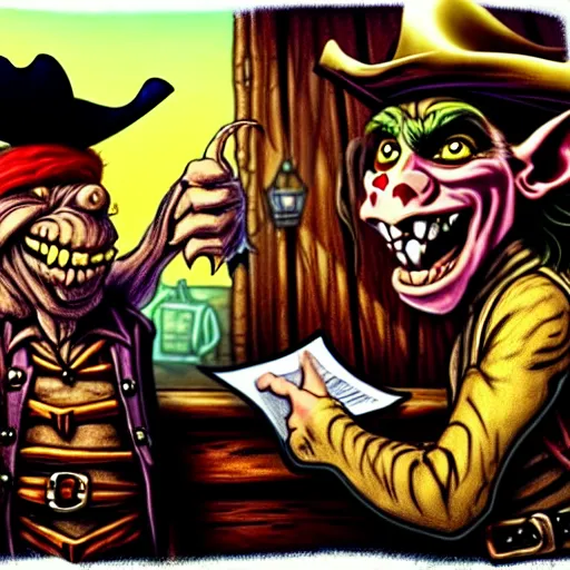 Prompt: a goblin with a large nose and a pirate with a bandana negotiating a contract with Jared Leto in a Western saloon. Pastel