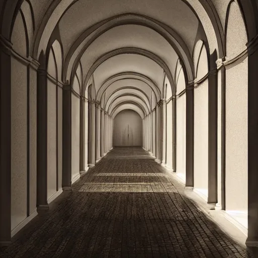 Image similar to a long ethereal asylum hallway, arched ceiling, one point perspective, vanishing point, symmetrical composition, rich colors, dramatic lighting, by lee madgwick, photorealistic, v - ray render 8 k uhd