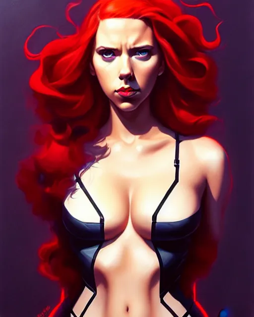 Prompt: peter mohrbacher, phil noto, artgerm, pretty scarlett johansson black widow, symmetrical eyes, long red hair