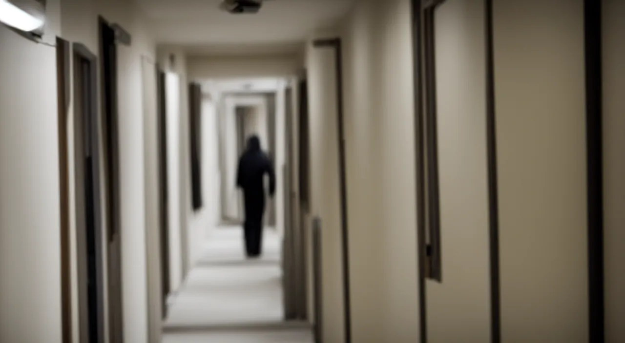 Image similar to distant hiding ninjas in long corridor backrooms, DOF