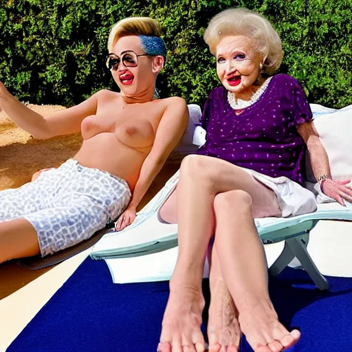 Prompt: betty white sunbathing with miley cyrus