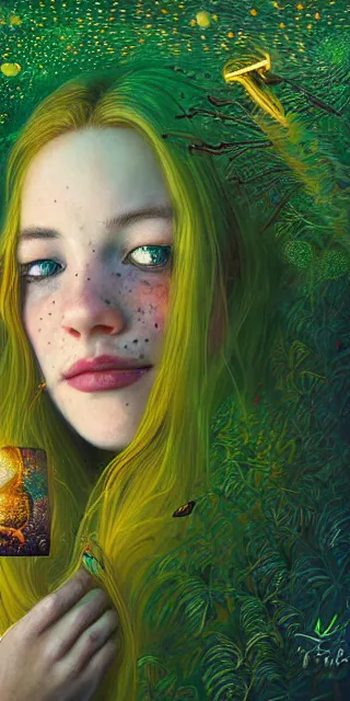 Image similar to infp young woman, smiling amazed, golden fireflies lights, sitting in the midst of nature fully covered, long loose red hair, intricate linework, bright accurate green eyes, small nose with freckles, oval shape face, realistic, expressive emotions, dramatic lights spiritual scene, hyper realistic art by michael cheval, jessica rossier, boris vallejo