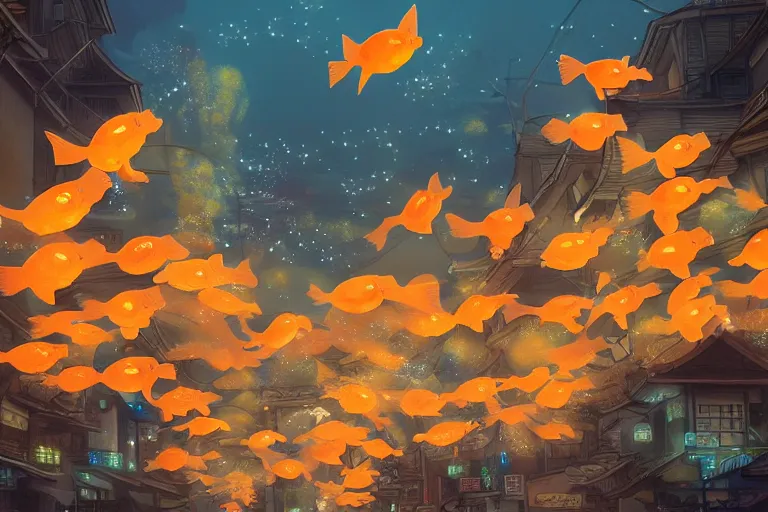 Image similar to fantasy art of a school of glowing goldfish swimming in the air, in the streets of a japanese town at night, with children outside watching in wonder, in the style of studio ghibli and makoto shinkai, highly detailed digital art, trending on artstation