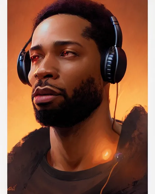 Image similar to light skin black man with headphones at his home studio producing music late at night, very detailed, 4 k, concept art like ernest khalimov, intricate details, highly detailed by greg rutkowski, ilya kuvshinov, gaston bussiere, craig mullins, simon bisley