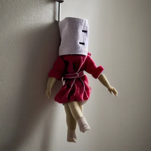 Image similar to a doll tied to a towel rack in the bathroom with a fabric belt