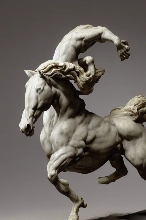 Prompt: a detailed marble sculpture of a horse, rearing dramatically, by michelangelo