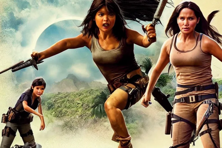 Prompt: Isabela Merced as Dora the Explorer vs Angelina Jolie as Lara Croft, movie poster, film by Michael Bay