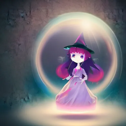 Prompt: cute fumo plush girl gazing into a crystal ball swirling with strange energy, smoke and volumetric fog, witch girl, soothsayer, lens flare glow, chibi anime, vray