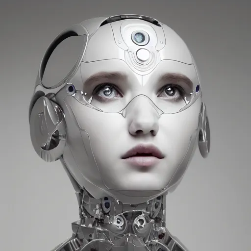 Prompt: beautiful centered fine art photo portrait of elegant beautiful girl as a solarpunk robotic humanoid, white mechanical parts with led lights, bouguereau style pose, photorealistic, white background, highly detailed and intricate, soft box lighting, hdr 8 k