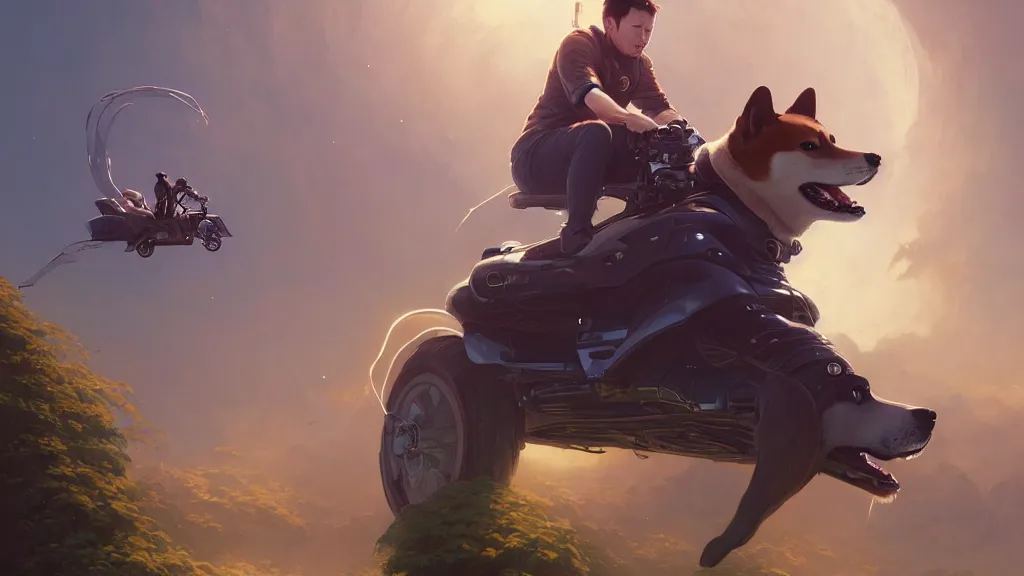 Image similar to Highly detailed portrait of Elon musk riding a shiba inu, Stephen Bliss, unreal engine, fantasy art by Greg Rutkowski, Loish, Rhads, ferdinand knab, Makoto Shinkai and Lois van baarle, ilya kuvshinov, rossdraws, Tom Bagshaw, alphonse mucha, global illumination, radiant light, detailed and intricate environment