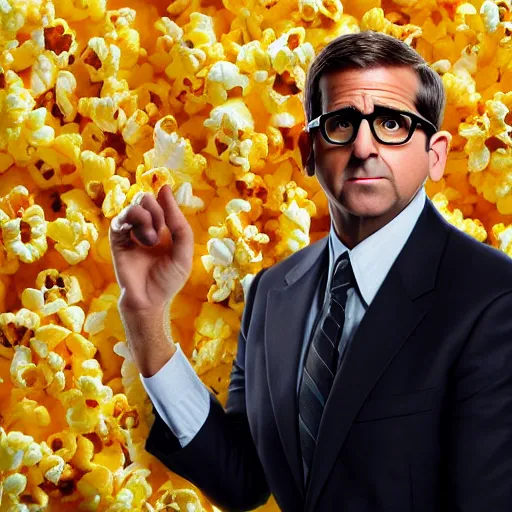 Image similar to steve carrell as a popcorn kernel, realistic, hyperrealistic, ultra realistic, real, real world, highly detailed, very detailed, extremely detailed, intricate details, 8 k resolution, hd quality